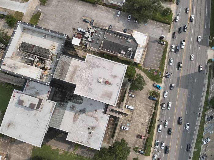 Commercial rooftop and parking overview