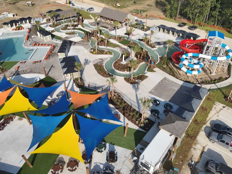 Aerial view of the Patriots RV resort water park and slides in Livingston Parish